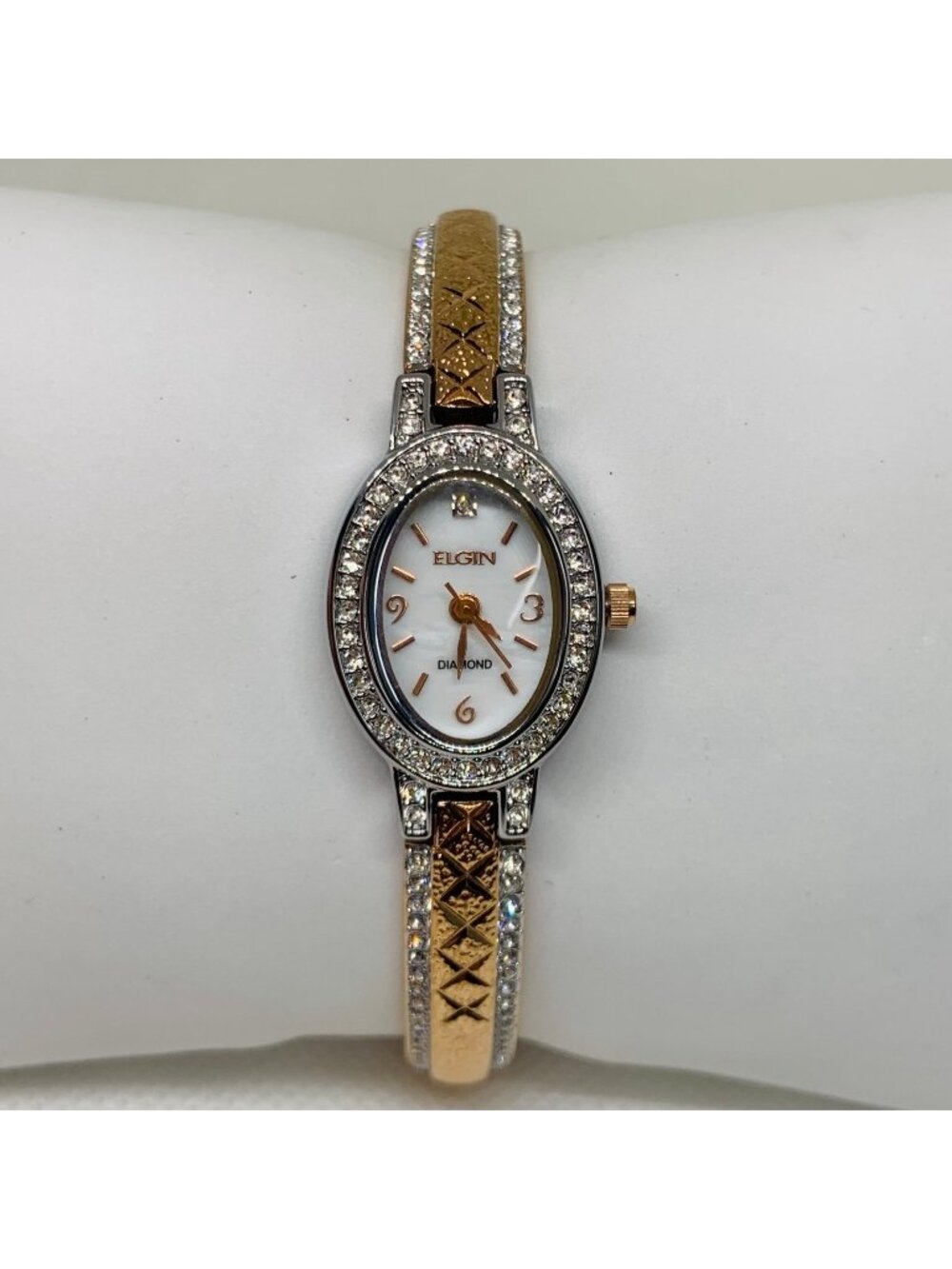 Elgin Diamond two Tone women’s watch oval 18mm Mop dial up to 7.5” running